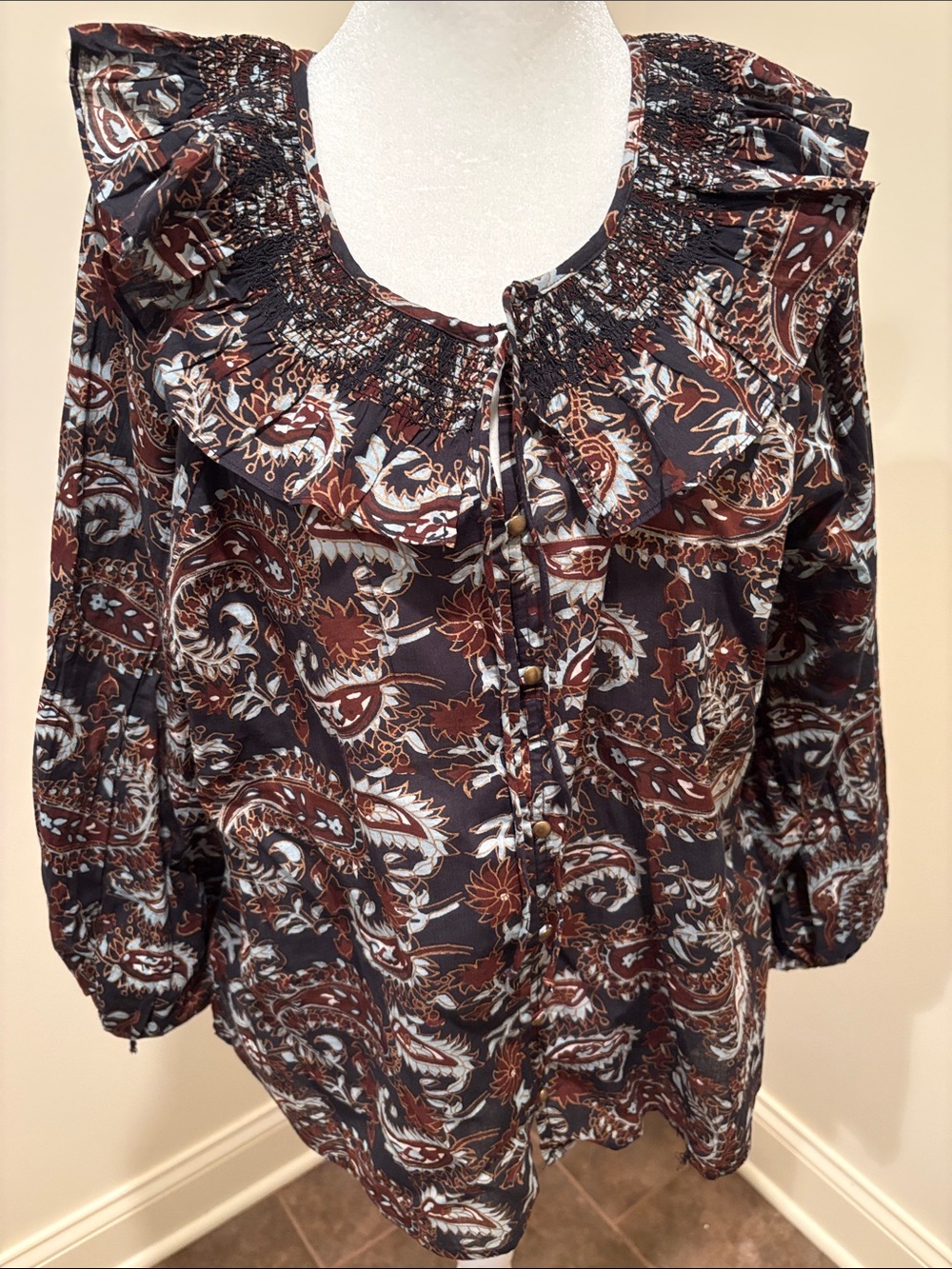 Cleobella Brown and Black Paisley Ruffle Neck Blouse